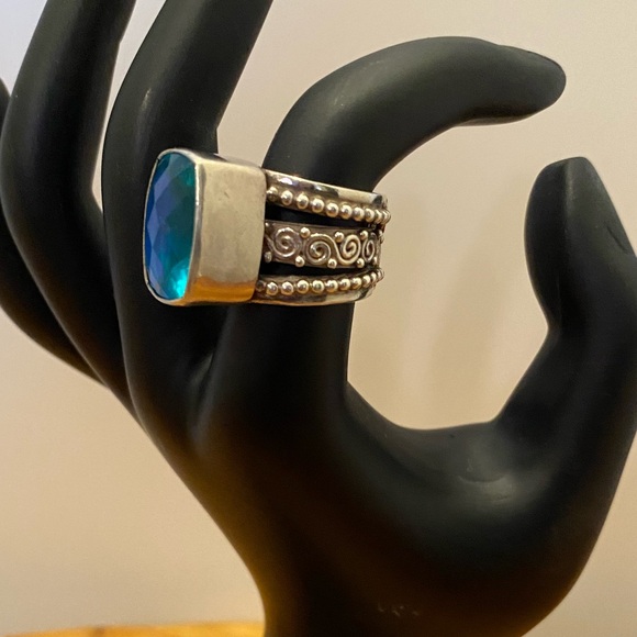 Vintage Sajen Sterling Silver 925 Caribbean Sea Blue Quartz Ring - Picture 6 of 7
